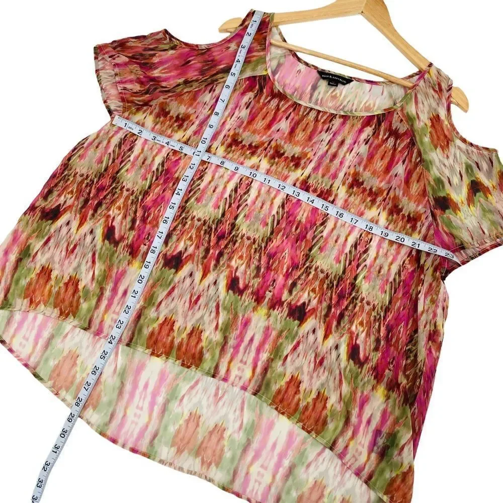 Rock & republic sheer cold shoulder orange and pink boho print high low top